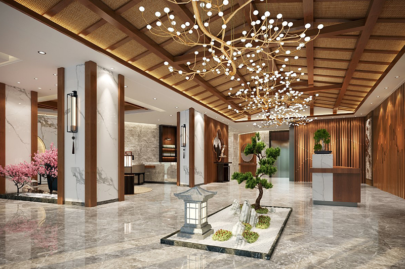 時(shí)尚賓館大廳裝修效果圖及入口門(mén)頭裝修圖片